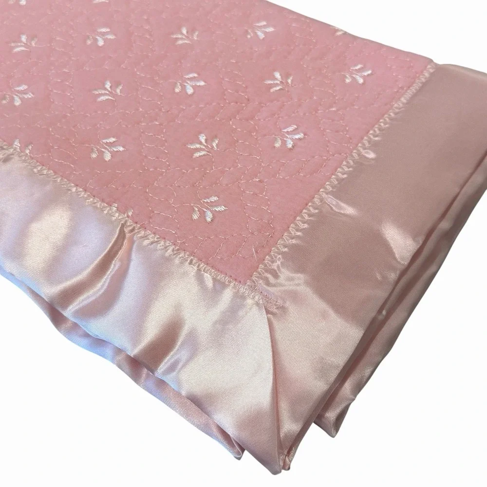VTG Pink Baby Blanket Satin Trim Edge Embroidered Security Lovey 36x45 USA Union